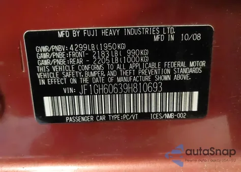 2009 Subaru Impreza 2.5I из США, поврежденный, VIN JF1GH60639H810693